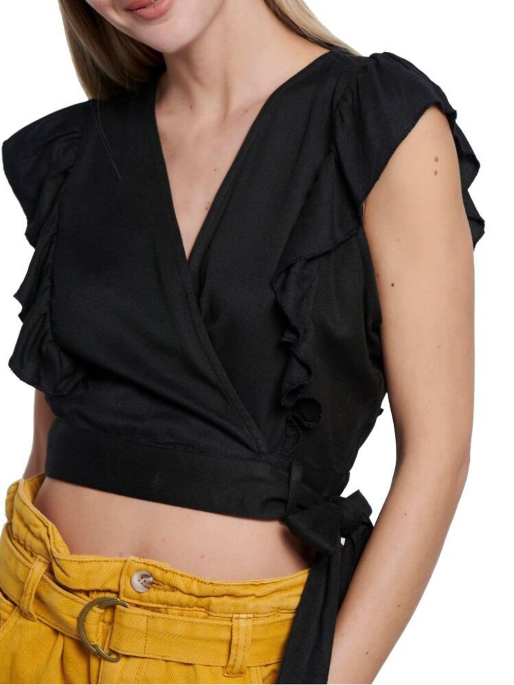 Black Wrap Blouse with Tie Front & Flutter Sleeves | Size XS